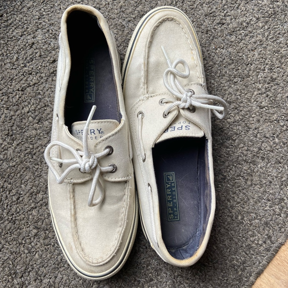 Sperry Cream Flats with Canvas Texture and Slip-On Design